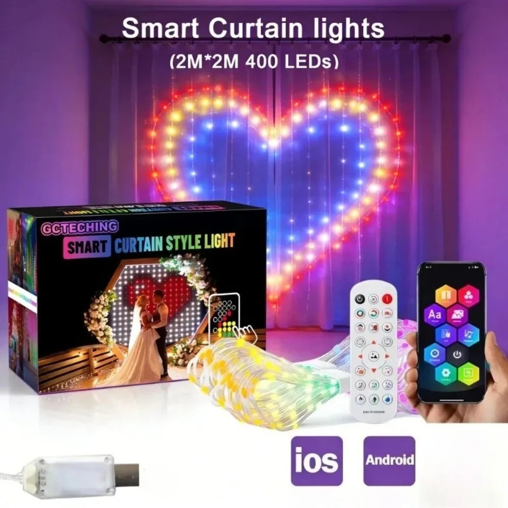 Fairy Light Curtain - أضواء ستارة LED خارجية بتقنية البلوتوث،