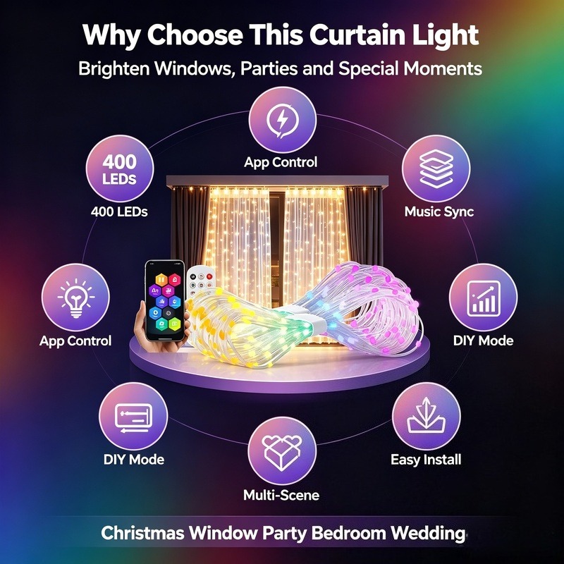Fairy Light Curtain - أضواء ستائر LED تعمل بالطاقة عبر